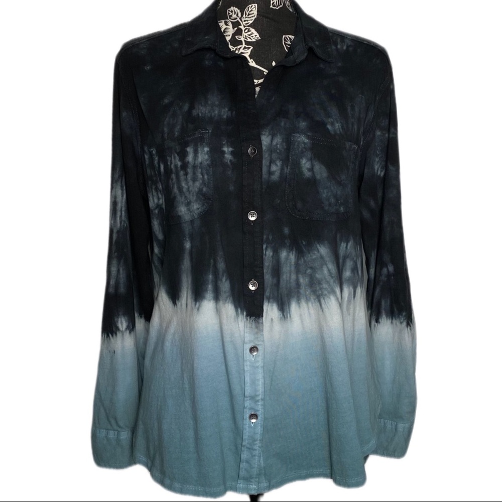 Rock & Republic Tie Dye Dip Ombre Collared Cotton Button Down 3/4 Rolled Sleeve